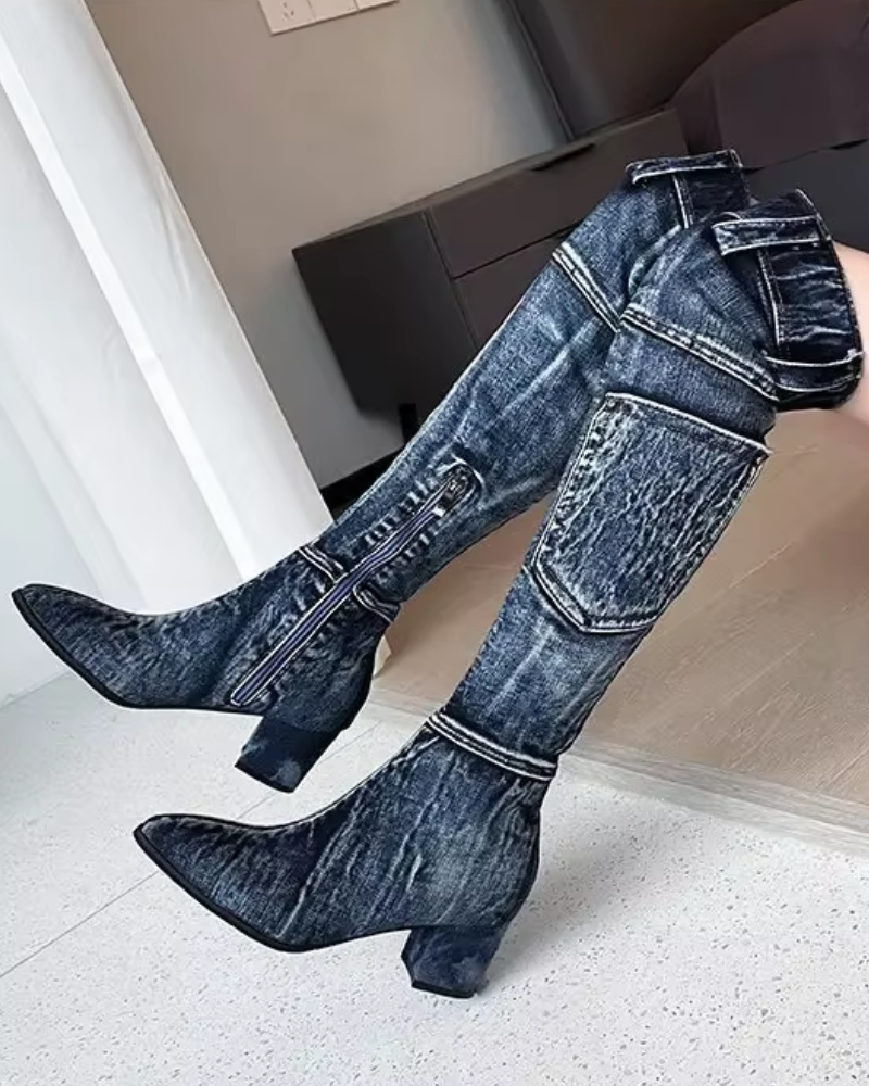 Knæhøje støvler i denim til kvinder - Veniva