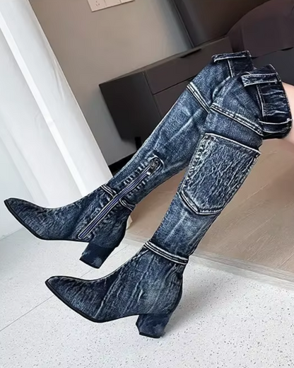 Knæhøje støvler i denim til kvinder - Veniva