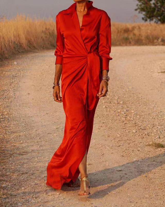 Silke Satin Wrap Maxi Skjortekjole - Maida