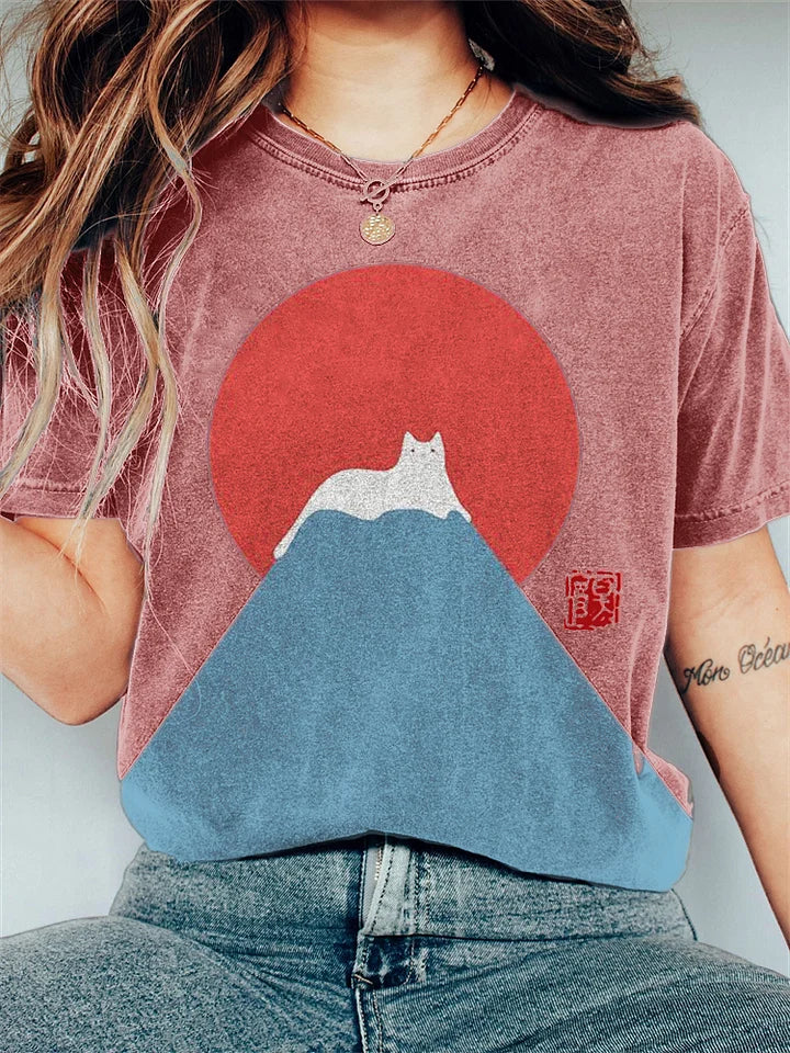 Japansk kunst Fuji-kat på bjerg T-shirt med tryk - Patricia