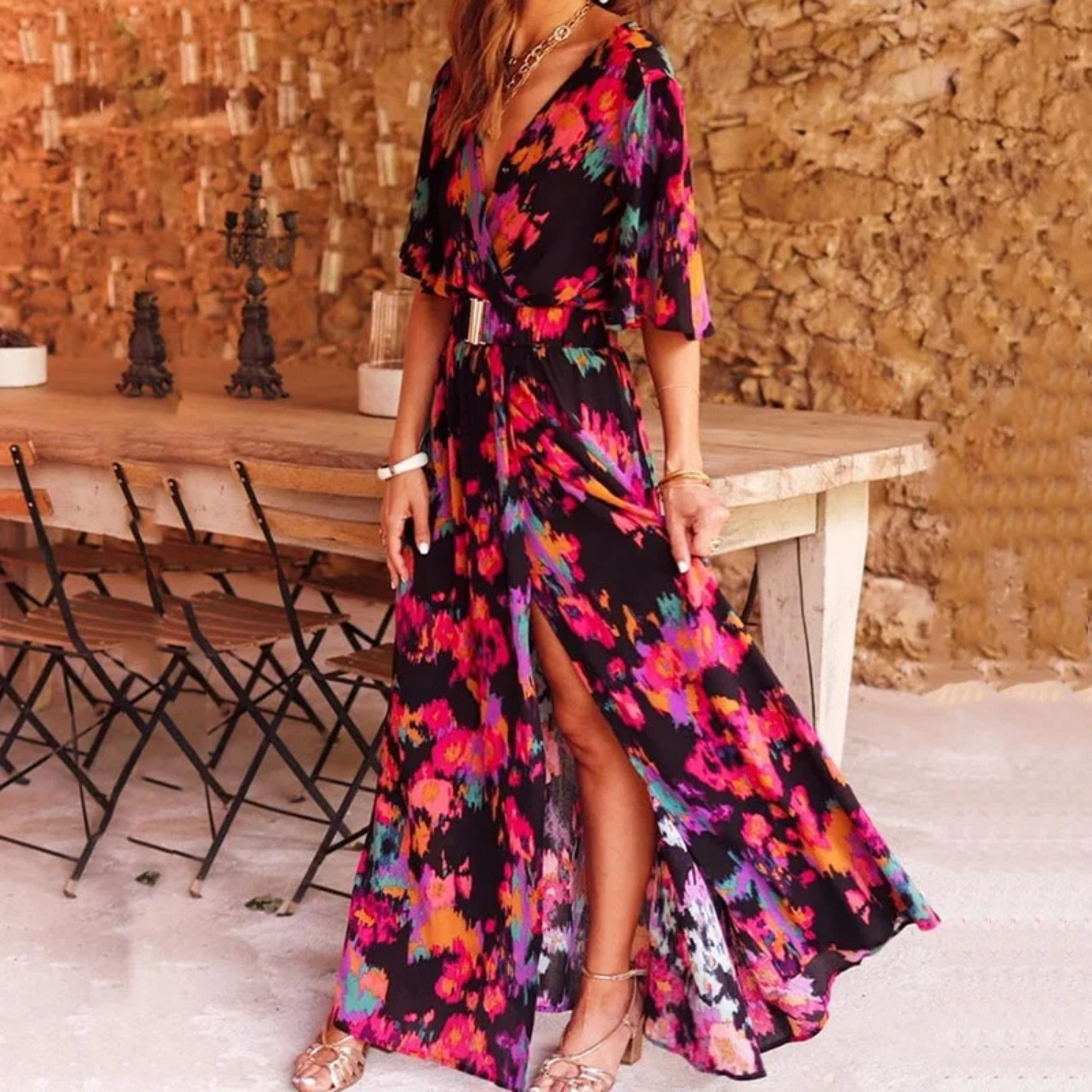 Lang maxikjole med revers og blomsterprint - Amirah