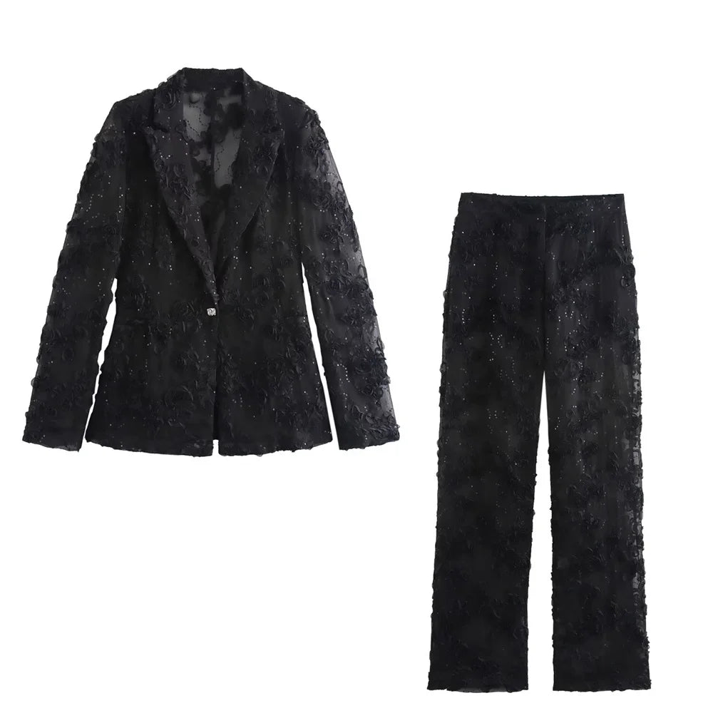 Kvinder Tekstureret Broderet Blazer & Bukser Sæt - Livana