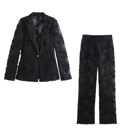 Kvinder Tekstureret Broderet Blazer & Bukser Sæt - Livana