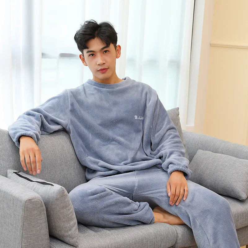 Herre Varm Koralfarvet Velvet Pyjamas Sæt - Quinto