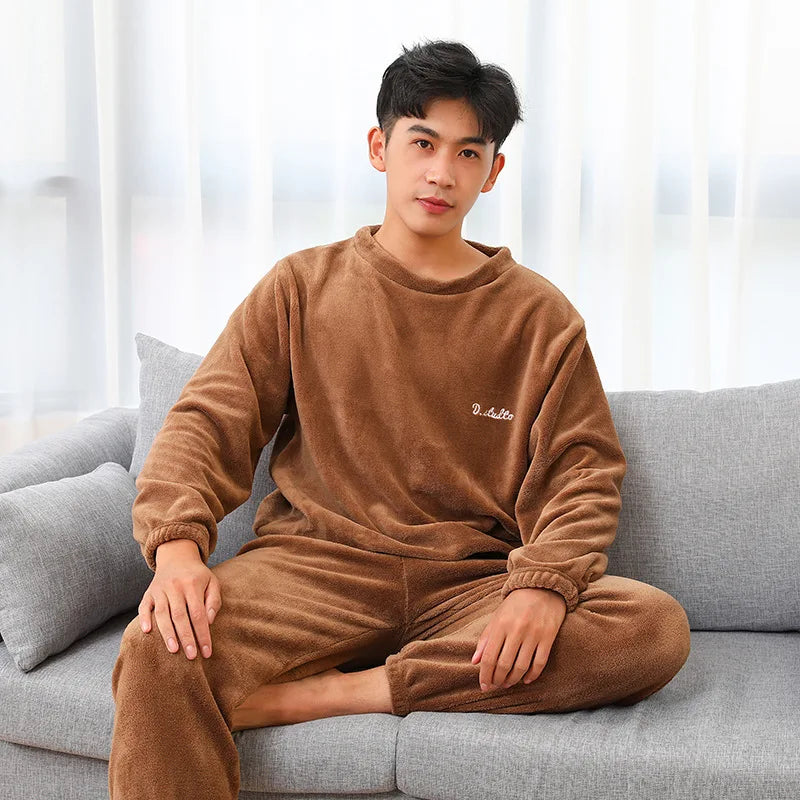 Herre Varm Koralfarvet Velvet Pyjamas Sæt - Quinto