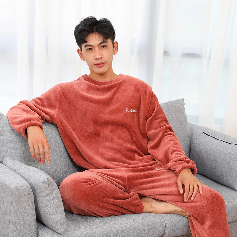 Herre Varm Koralfarvet Velvet Pyjamas Sæt - Quinto