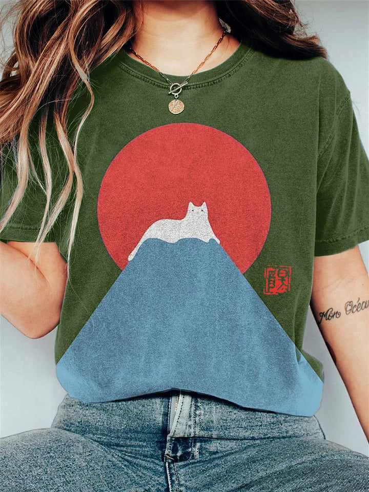 Japansk kunst Fuji-kat på bjerg T-shirt med tryk - Patricia